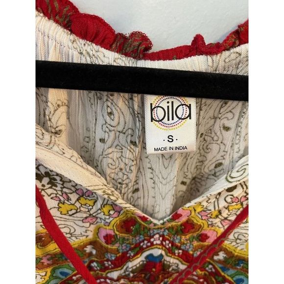 Bila Boho Sleeveless Tunic Top Size Small Tassel Peasant Red Cream Multicolored - Picture 3 of 6